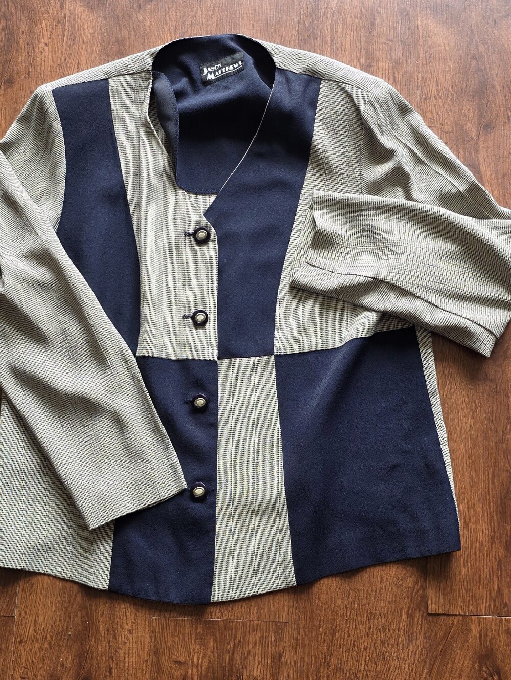 Two-Tone Navy and Gray Patchwork Blazer